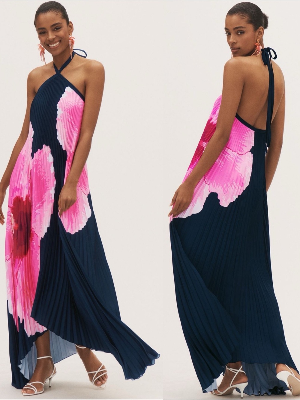 NEW NWT L’IDEE Deesse Halter Pleated Column Maxi Gown Hibiscus Midnight